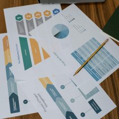 Overhead view of project management documents and charts on a desk with a pencil.